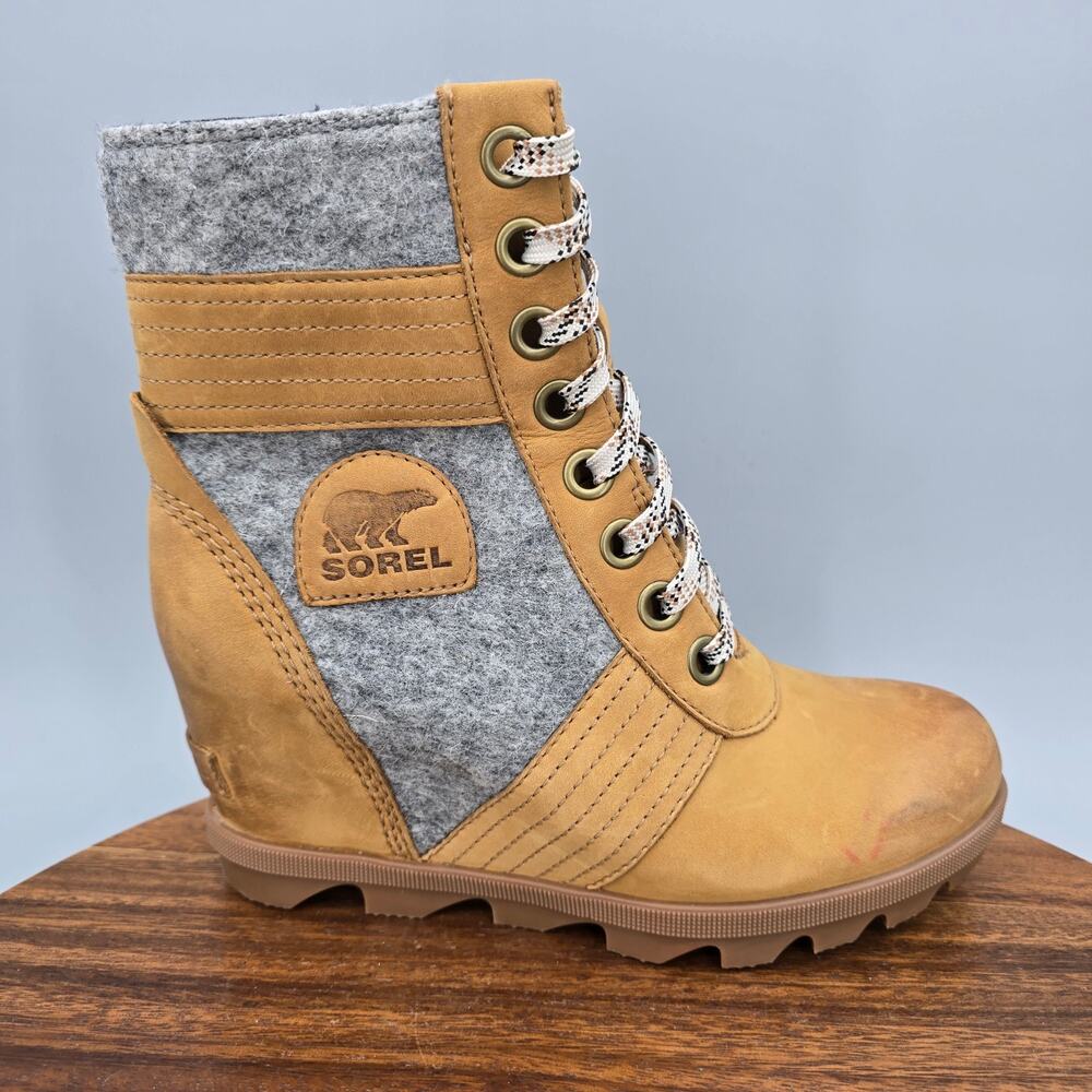 Sorel Lexie Boots Womens 6.5 Camel Brown Tan Gray Leather Hidden Wedge Lace Up